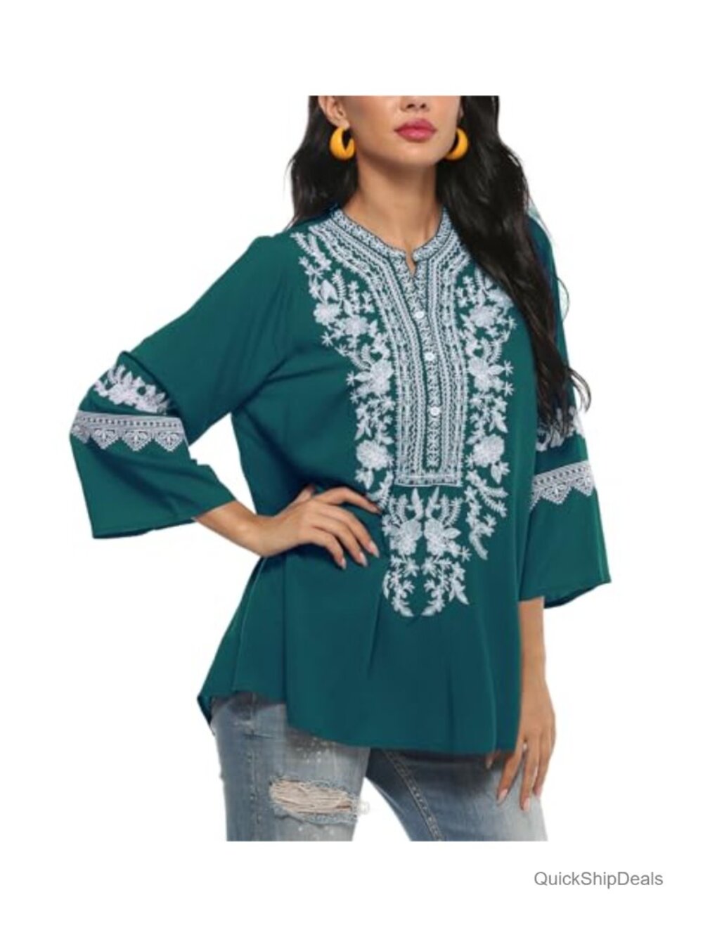 Mexican Embroidered Peasant Tunic Top Floral 3/4 Sleeve Boho Blouse